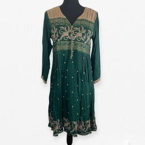Amna Garments Pretty Green Gold Embroidered long sleeved Dress L
